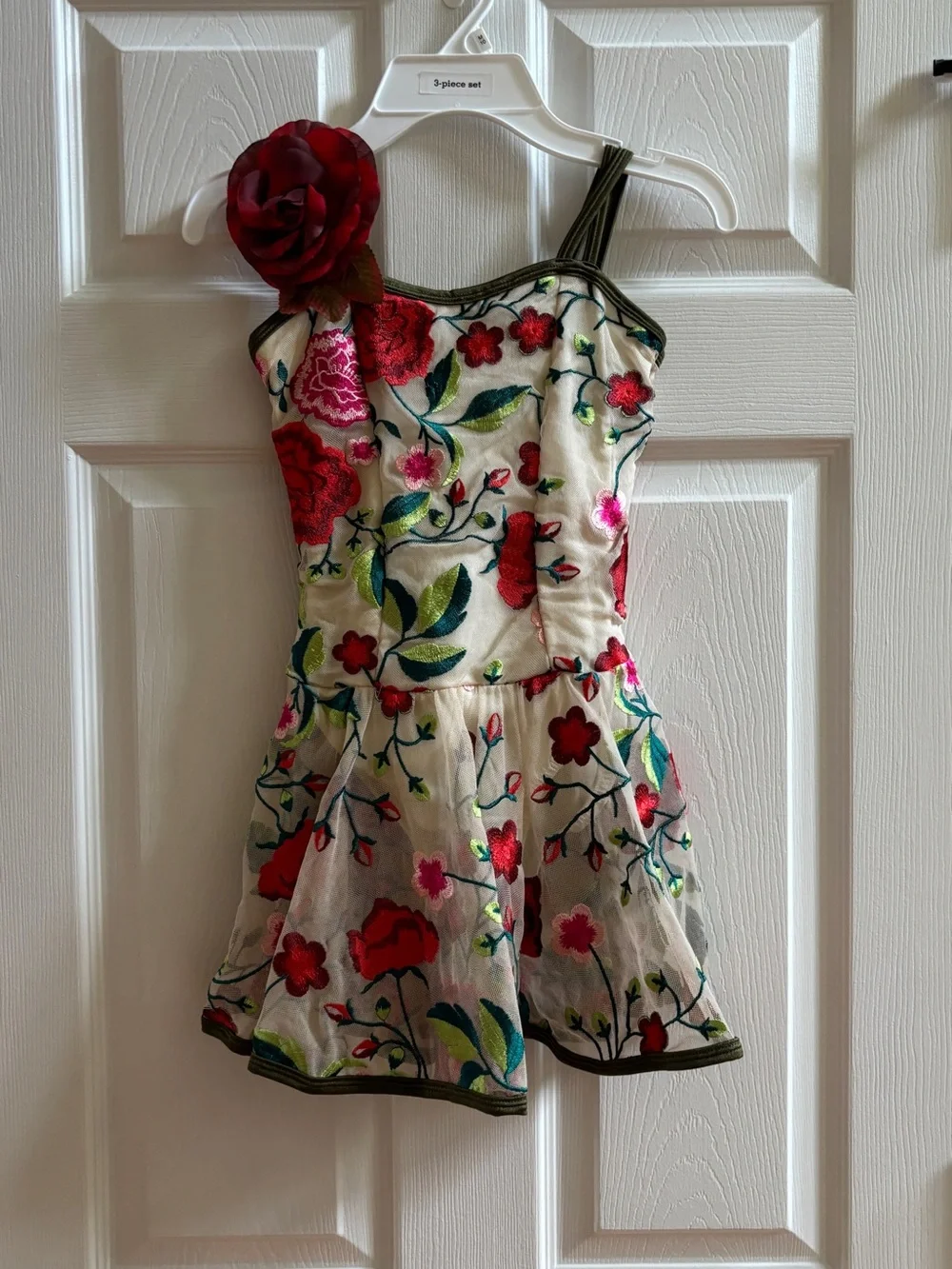 Floral Embroidered Strappy Sundress in Ivory and Red